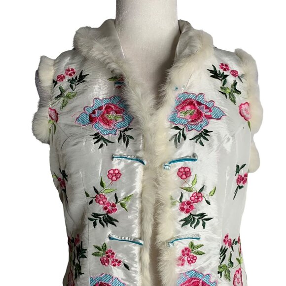 Embroidered Asian Style Vest M White Real Fur Trim Frog Buttons Zip Pockets - Picture 2 of 7